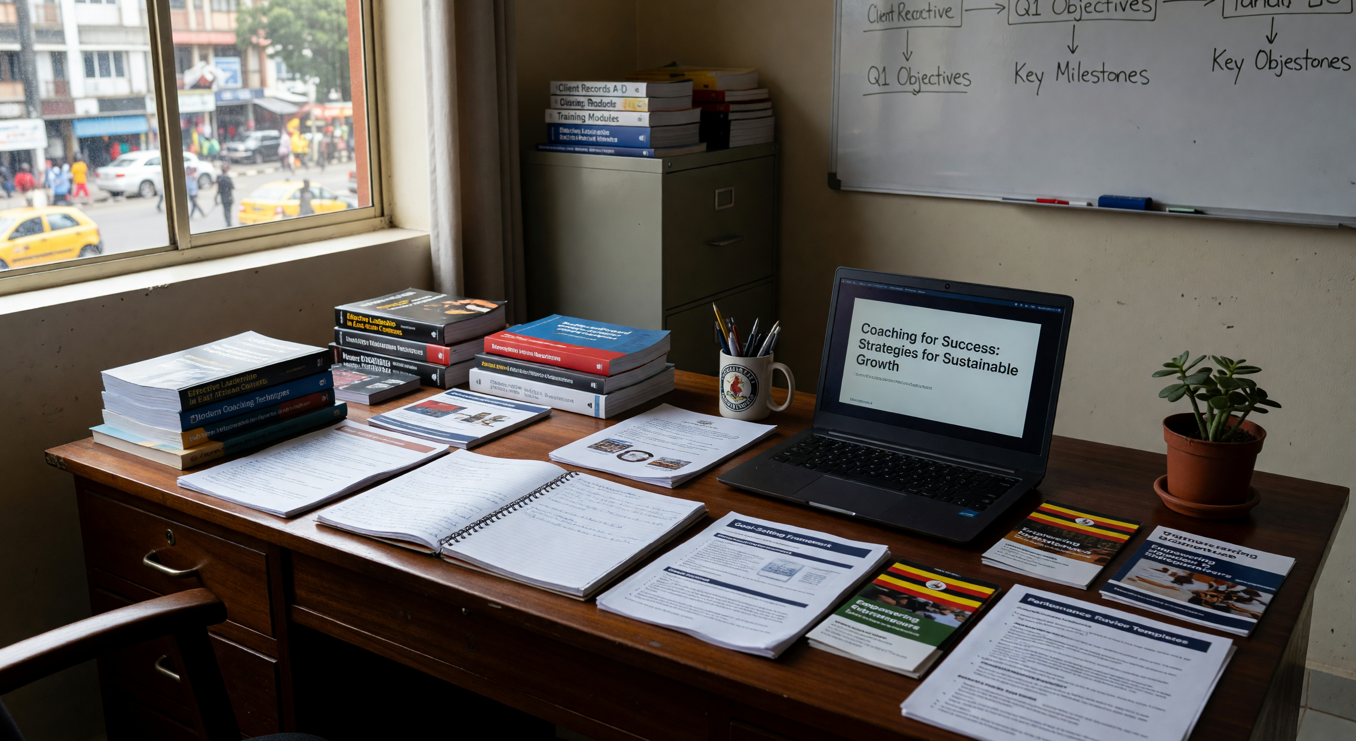 Coaching resources and professional development materials on a desk